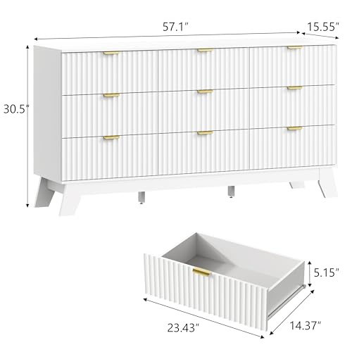 Image of Wodeer 9 Drawer Fluted Dresser for Bedroom, Mid Century Modern Dresser with 9 Drawers, Dressers & Chests of Drawers with Metal Handle, TV Stand & Storage Organizer for Entryway, Hallway, White