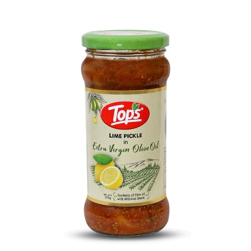 Image of TOPS Olive Oil Lime Pickle - 370 gm Glass Jar | Perfect blend of select seasonal vegetables in extra virgin olive oil and aromatic spices