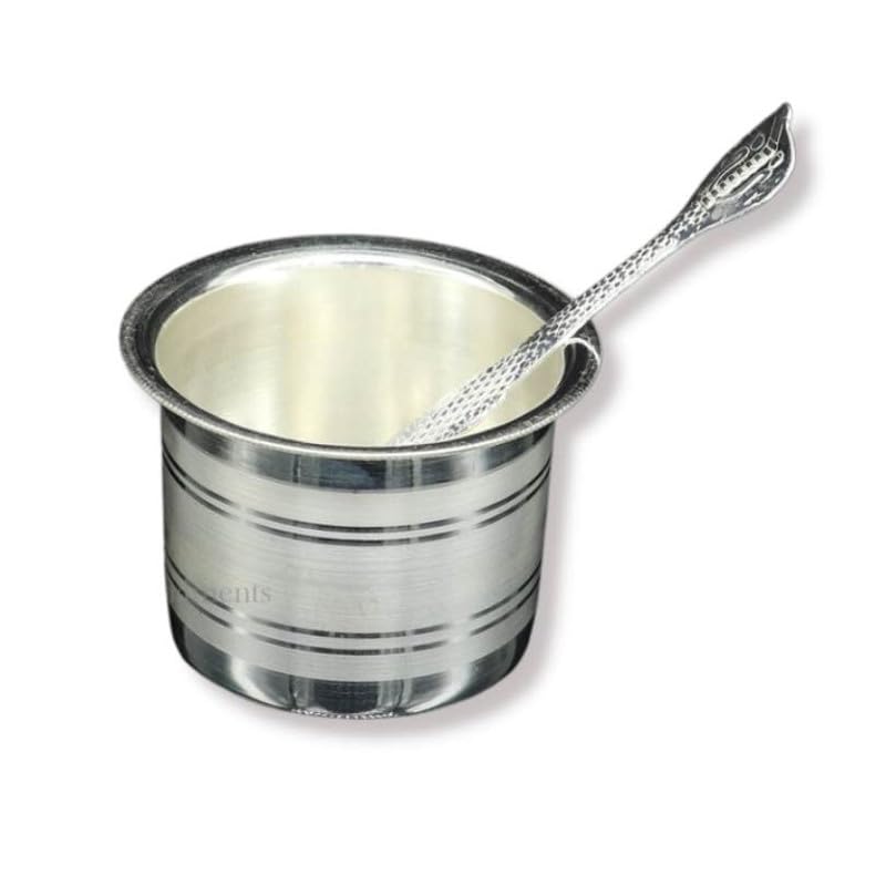 Image of Silver Plated Ghee Pot with Spoon | Pooja Ghee Container for Mandir | Charnamrit Kalash Set | Temple Bhog & Aarti Item | Religious Gift for Diwali, Wedding & Housewarming