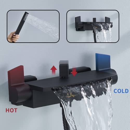 HOMELODY Schwarz Badewannenarmatur Wasserfall Mit Handbrause Wannenbatterie Wandmontage Badewanne Armatur Mischbatterie - Image 3