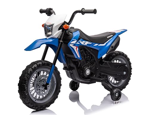 Moto Elettrica per bambini 12V Super Cross Honda CRF250L con licenza ufficiale Moto da Cross con Rotelle Luci e Suoni integrati (Blu)