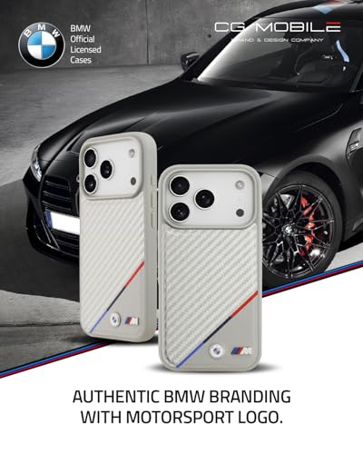 Image of CG MOBILE BMW [Official Licensed] Protective Case Designed for iPhone 17 Pro Max |Magnetic Compatible|M Collection|Pu Leather Case Carbon & Tricolor Stripe with Metal Logos -Silver
