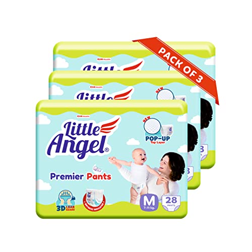 Image of Little Angel Premier Pants Baby Diapers, Medium (M) Size, 84 Count, Cottony Soft Material, Breathable, Extra Dry Core, Stretchable Sides, Pack of 3, 28 count /pack, 7-11 kgs