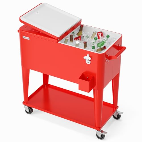 Image of VINGLI Rolling Ice Chest, Portable Patio Party Bar Drink Cooler Cart, with Shelf, Beverage Pool with Bottle Opener