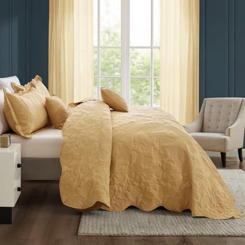 Image of HZ & HY Oversized Alaskan King Bedspread 138x122 Extra Wide, Stitched Paisley Quilt Set, Lightweight Reversible Coverlet, Scalloped Edge - Warm Classic Look, 5 Piece, Honey Gold
