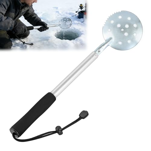 CHENSHUO Retractable Ice Fishing Scoop Skimmer Metal Telescopic Icebreaker Scooper Long Length Adjustable Large Spoon with Extendable Handle Portable Ice Fish Gear Equipment
