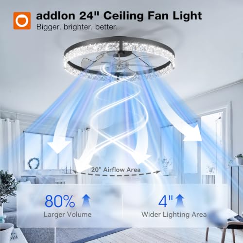 Image of addlon Ceiling Fans with Lights and Remote, 24'' Low Profile Flush Mount Ceiling Fan, 3000-6000K Dimmable LED Fandelier, Bladeless Crystal Fan Light for Bedroom, Kitchen, Living Room, Black
