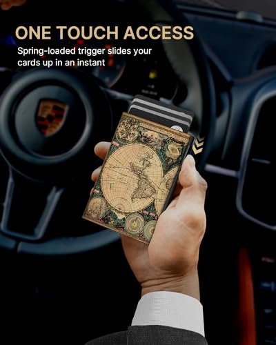Image of typecase Mens Wallet Card Holder: Pop Up Aluminum Case, Carbon Fiber Leather, Smart, RFID Blocking, Slim, Minimalist, Front Pocket - 9-14 Card Capacity | ID Window | Cash Slot (Map)