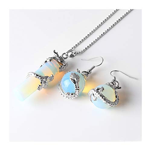 QWERBAM Natürlicher Schmuck Set Kristall Runde Stein Perlen Drop Anhänger Halskette Ohrringe Set Kette Opal Drachen Pendel Partei Schmuck (Metal Color : Opal Set) Cover