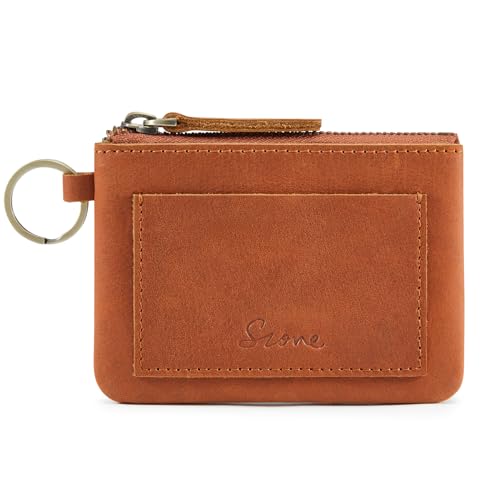 Image of S-ZONE Genuine Leather Coin Purse for Women Men, Zipper Pouch Pocket Wallet for Change, Cards with Keychain