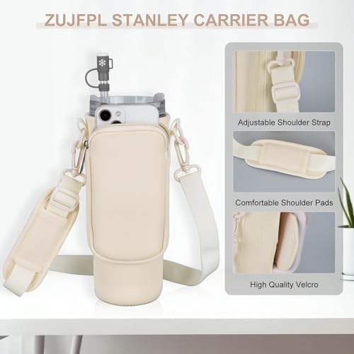 Image of Water Bottle Carrier Bag with Phone Pocket for Stanley 40 /30 oz Tumbler Neoprene Water Bottle Holder Pouch with Adjustable Strap Bollus with Straw Cover & Carabiner for Stanley Cup Accessories.