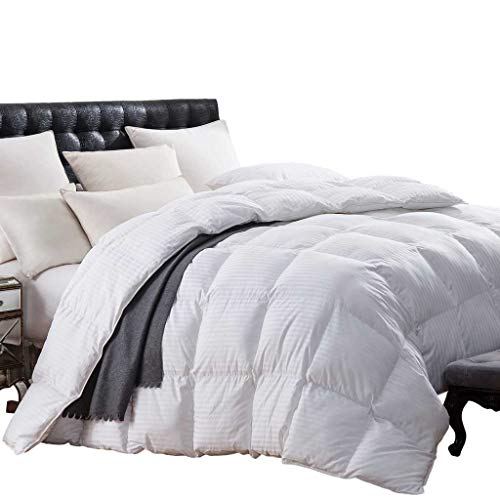 Queen Size Super Luxurious White Damask Stripe 1200 Thread Count Siberian Goose Down Comforter, Baffle Box Design, 100 Percent Egyptian Cotton, 1200 TC, 750FP, 60Oz, White Damask Stripe Style