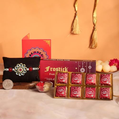 Image of Frostick Rakshabandhan Special Rakhi gift for brother, Chocolate Gift Pack - 8 Pcs (Includes Rice & Tilak) (Random Design Rakhi)