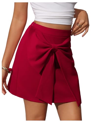 SweatyRocks Women's Bow Front Mini Skirts High Waist Wrap A Line Asymmetrical Short Skirt Red Large