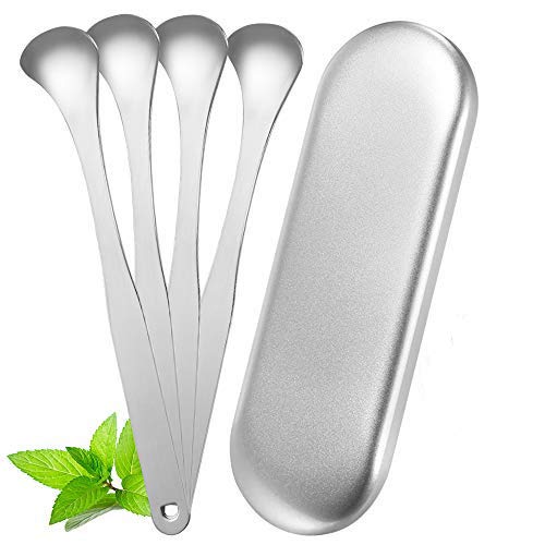 Stainless Steel Tongue Scraper Cleaner - Fresh Breath Tongue Scrapers Medical Grade Metal Tongue Scraping Cleaner 3 Convenient Cleaning Tables for Oral Care (4 Packs Silver)