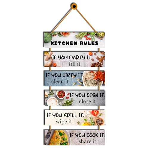 Image of GENXTRA Kitchen Rules Hanging Wall Decor - Funny & Inspirational Wooden Sign for Home, Dining Area & Modern Kitchen Decoration
