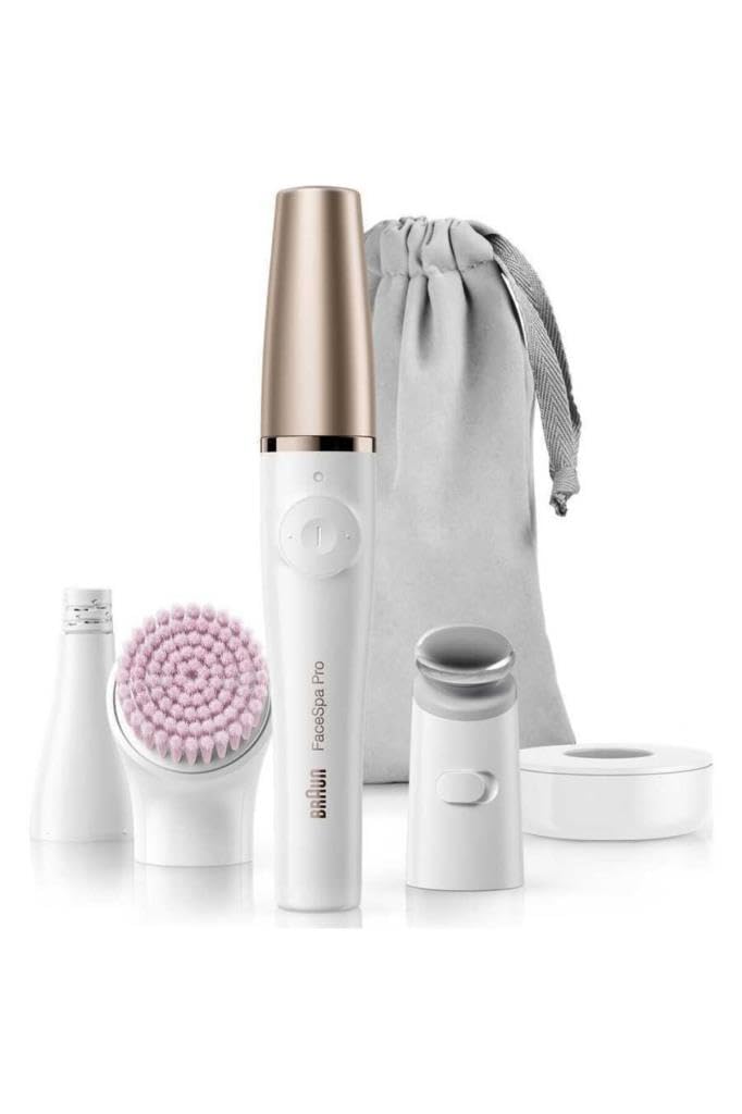 Braun FaceSpa Pro 912 Epilator 3-in-1 Facial Epilating Cleansing and Skin Toning System with 3 Extras and Pink Brush (White/Bronze)