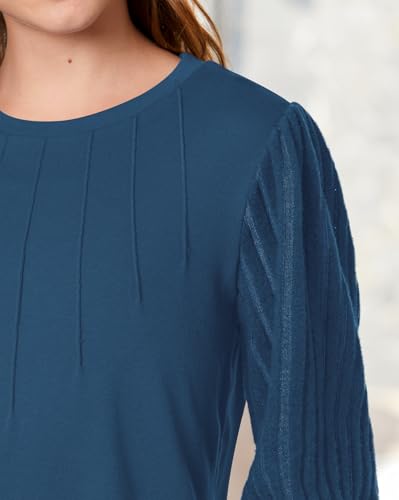 Girls Puff Long Sleeve Shirts Ribbed Knit Fall Blouse Pleated Solid Casual Tunic Top 6-14 Years4