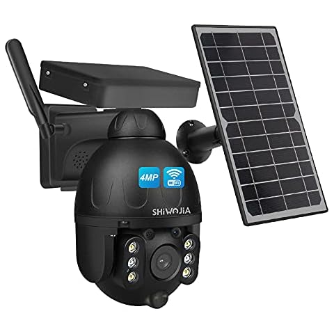 SHIWOJIA 4MP HD Solar Camera PTZ WiFi Camera Outdoor Wireless, Rechargeable Battery Camera, with PIR Motion Detection, Color Night Vision, Two Way Audio, IP67 Waterproof, Cloud/SD Card Storage Cover
