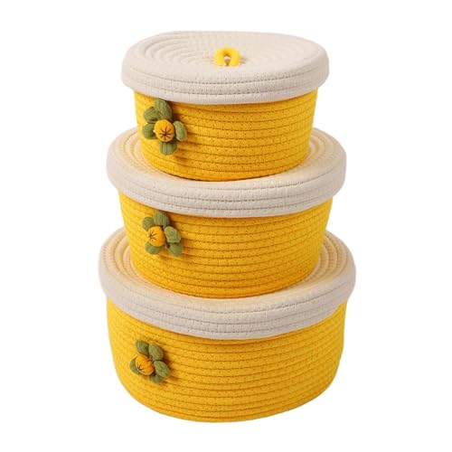 Image of Round Storage Baskets Set of 3, Woven Cotton Rope with Lids & Handles