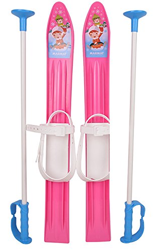 Skis pour enfants, fixations de ski + bâtons de ski en plastique, 5 couleurs, 60 cm, Rosa