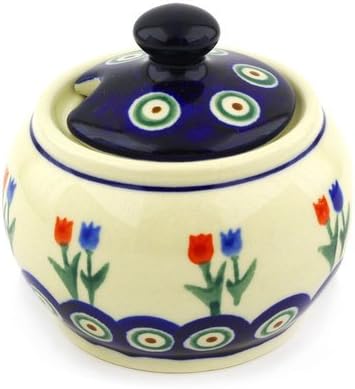 Polmedia Polish Pottery Sugar Bowl 7 oz - Tulip Pair Peacock Pattern Handmade in Boleslawiec Poland + Certificate of Authenticity