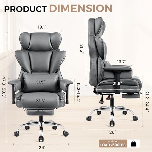 BESTFAIR Home Office Desk Chair 500Lb, Comfy Ergonomic Office Chair with Footrest, PU Leather Office Desk Chairs for Heavy People, High Back Executive Office Chair with Lumbar Support, Gray - Thumbnail 3