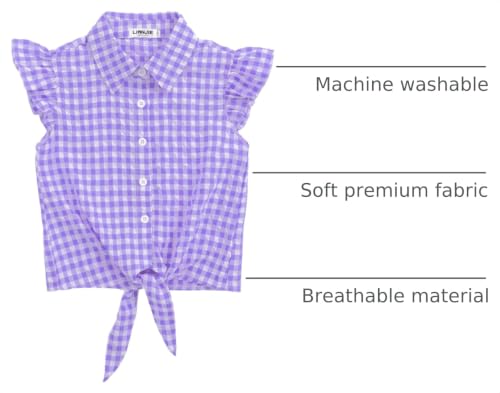 Image of Girls Sleeveless Plaid Button Down Shirt Summer Crop Tops Tie Knot Ruffle Sleeve Shirt Blouse 3-12Y