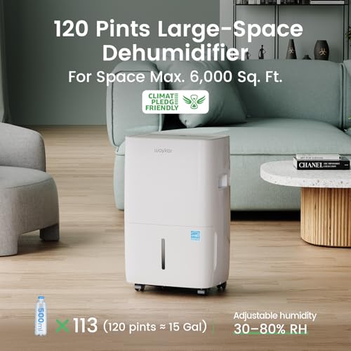 Image of Waykar 120 Pints Energy Star Dehumidifier for Spaces up to 6,000 Sq. Ft at Home, in Basements and Large Rooms with Drain Hose and 1.14 Gallons Water Tank