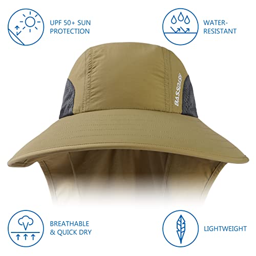 Image of BASSDASH UPF 50+ Unisex Water Resistant Wide Brim Sun Hat with Large Neck Flap Ponytail Fishing Hat for Men Women