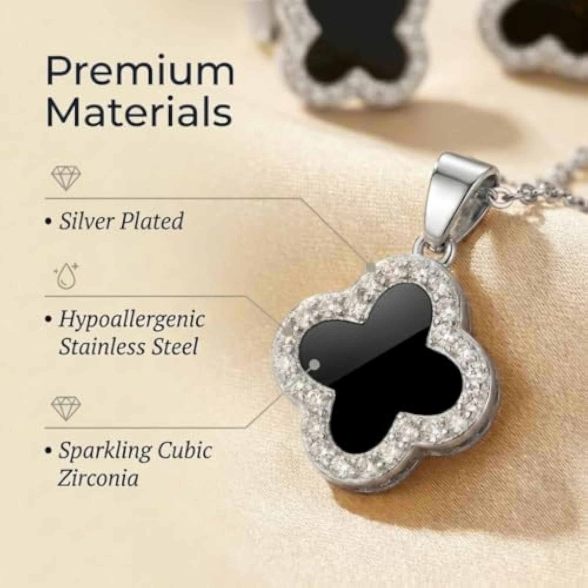 Women's Four Leaf Black Clover Necklace & Earring Set