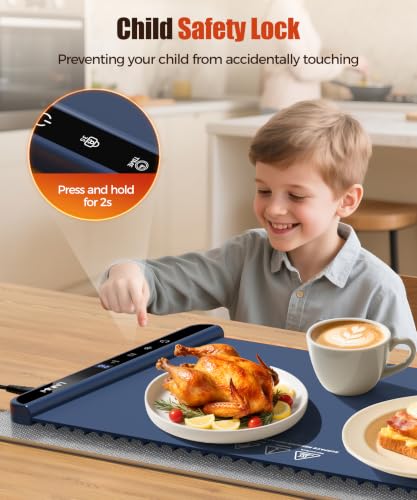 Image of Warming Mat for Food, 26x15 Inch, Dark Blue, Fast Heat, Child Lock