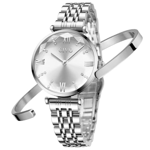 CIVO Montre Femme Acier Inoxydable Argent Bracelets de Set Etanche Luxe Analogique Quartz Mode Décontractée Cadeaux