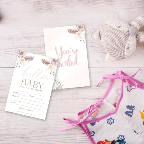 FRRCREU Hello Baby Baby Shower Invitations, 25 Double-Sided Fill In Boho Floral Invites With Envelope For Boy Or Girl Baby Shower, Gender Reveal Games, Baby Shower Decoration, Party Favor - A20