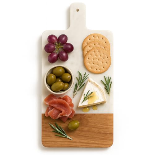 Tabla de cortar rectangular en madera y mármol con mango miniatura 1