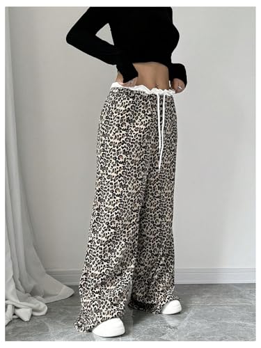 MakeMeChic Women's Leopard Print Pants Lettuce Trim Drawstring Waist Wide Leg Baggy Streetwear Long Trousers3