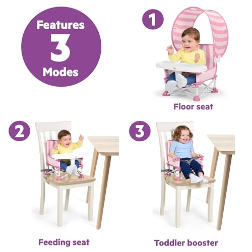 Image of Bright Starts Pop 'N Sit Cabana Baby Beach Portable Booster Chair with UPF Canopy, Floor Seat for Indoor /Outdoor Use, Compact Fold, Pink, 6 Months-3 Years