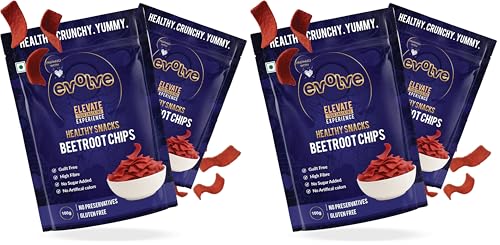Image of Evolve Healthy Baked Beetroot Chips Snacks for Kids, Adults | Gluten Free, Low Calorie, Vegan | No Additives, Crunchy Spicy Snack- 100g Pack of 4