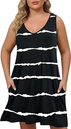 Image of Women Plus Size V Neck Sleeveless Floral Print Pocket T Shirt Dresses Casual Midi Tank Dress Beach Cover up Sundress (XL-5X)