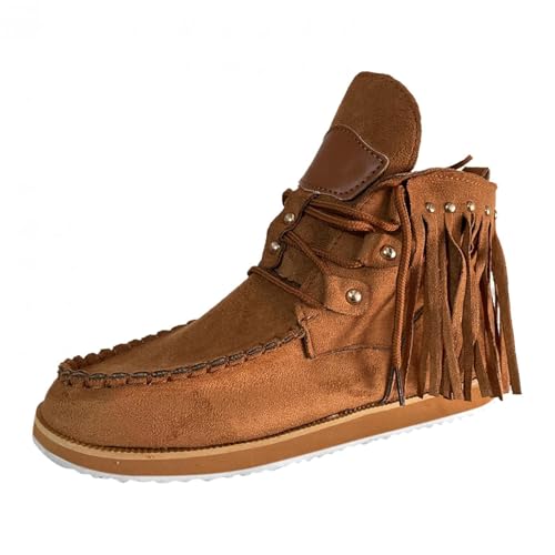 Fringe Cowboy Ankle Boots for Women,Boho Boots,Ethnic Retro Fringe Rivet Slip on Ankle Booties,Womens Solid Color Lace Up Round Toe Chunky Bottom Heels Low Top Short Booties Casual Warm3
