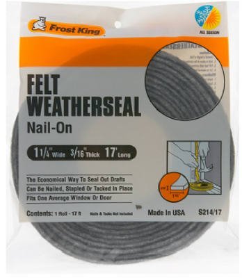 Frost King Gray Felt Weatherstrip For Doors and Windows, 17 ft L x 3/16 in - 2 Pack