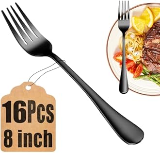 16 Piece Black Dinner Forks Set, Food-Grade Stainless Steel Silverware Forks, Cutlery Fork, Metal Fork for Home, Kitchen or Restaurant, Mirror Polished, Dishwasher Safe - 8 Inch