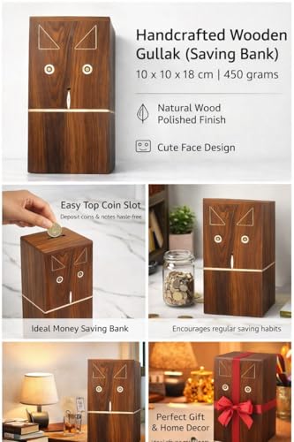Image of ITOS365 Handcrafted Wooden Gullak Money Bank | Saving Box with Coin Slot | Decorative Piggy Bank for Kids & Adults