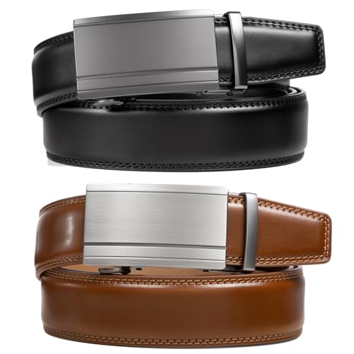 Image of 2 Pack Ratchet Belt 1 3 /8 inch, Mens leather Dress Belt in Gift Set Size 28 inch-62 inch Adjustable waist Trim to Fit