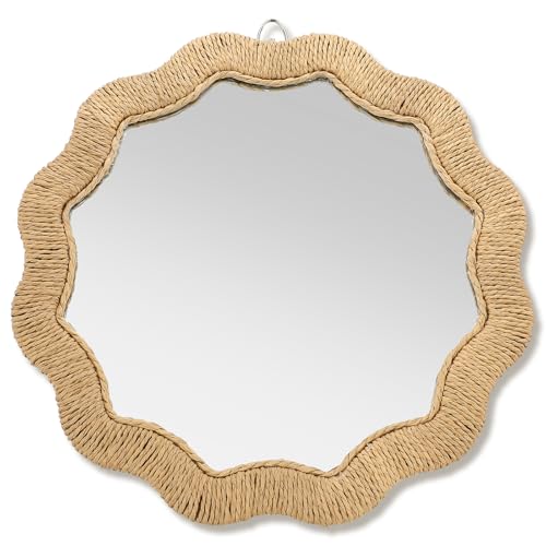 Junkin Boho Rattan Mirror Natural Wicker Scalloped Coastal Mirror with Decorative Rattan Frame Boho Coastal Decor for Bathroom Living Room, Entryway Decor(Circle,11.8 x 11.8 in)