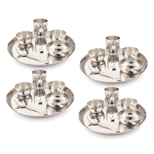 Image of Arham Stainless Steel Dinner Set | 24 Pcs (4 Set) | Premium Heavy Weight Hammered Dinner Set for Gift | 24 Pcs Regular Size (4 Plate, 4 Halwa Plate,8 Bowl /Wati, 4 Glass, 4 Spoon) | Premium DinnerWare