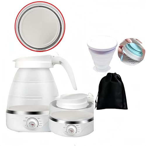 折り畳める旅行用電気ケトル シリコン製 高速沸騰 コンパクト 収納便利 ホワイト カフェ キャンプ ボトル 家庭 ステンレス 可愛い110V (温度調節4点セット(ステンレス製))