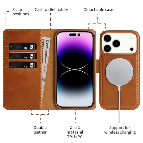 Image of WHITBULL Royal Leather Detachable 2 in 1 Flip case Cover for iPhone 17 Pro (Brown)