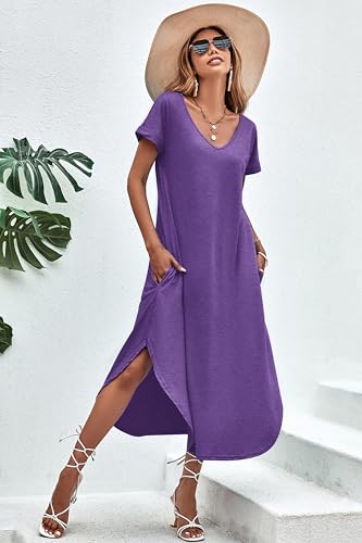 Image of Ekouaer Long Nightgowns for Women Short Sleeve House Dress with Pockets V Neck Sleepshirts Side Split Sleepwear S-4XL