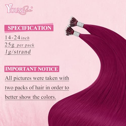 Image of YoungSee Nano Ring Hair Extensions Magenta 22 inch Nano Bead Hair Extensions Human Hair Burgundy Nanobead Human Hair Extension Colored Nano-Ring Hair Extension Remy Hair 1g /strands 25g 25 Strands